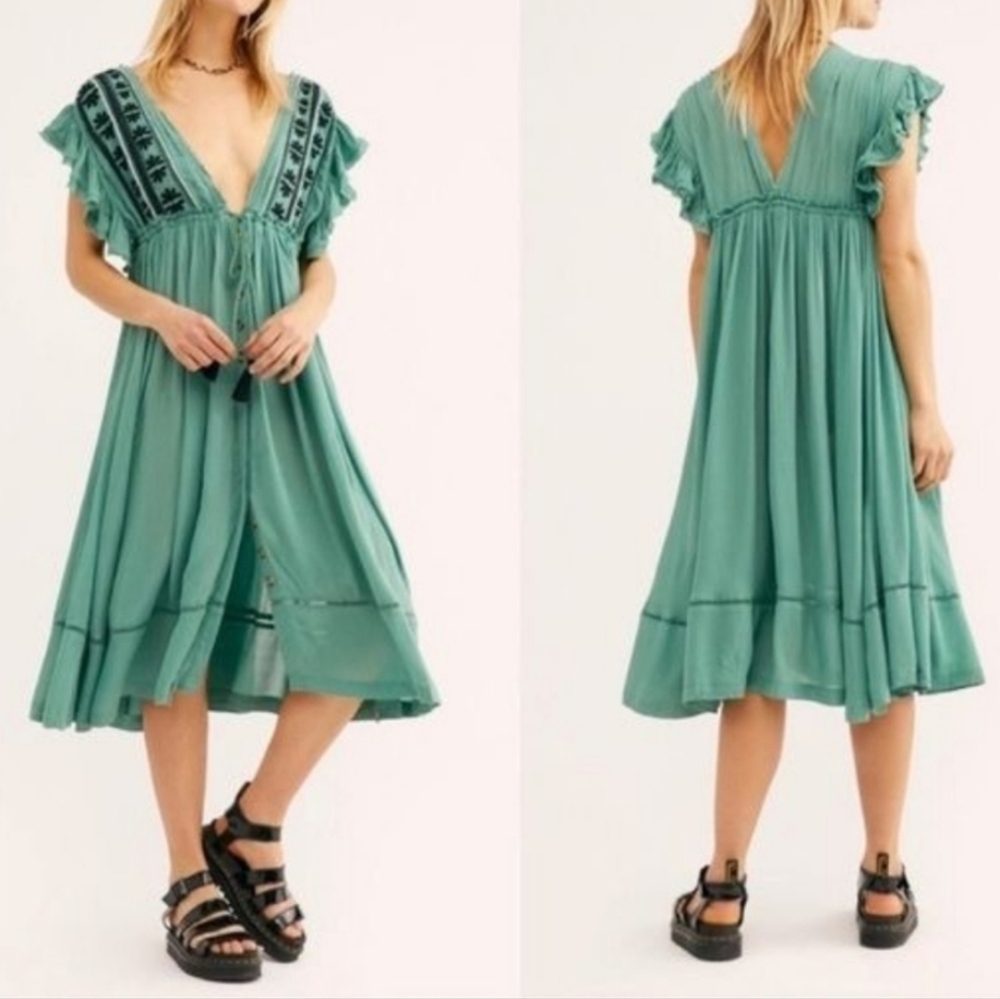 Free People Will Wait For You Midi Dress Embroidery Lace Oversized Green Sm NWT - Picture 16 of 16